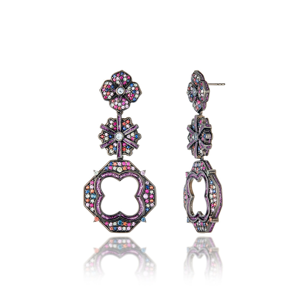 Sterling Silver Statement Earrings with Pink Glitter Enamel, Mixed Sapphires & Blue Topaz