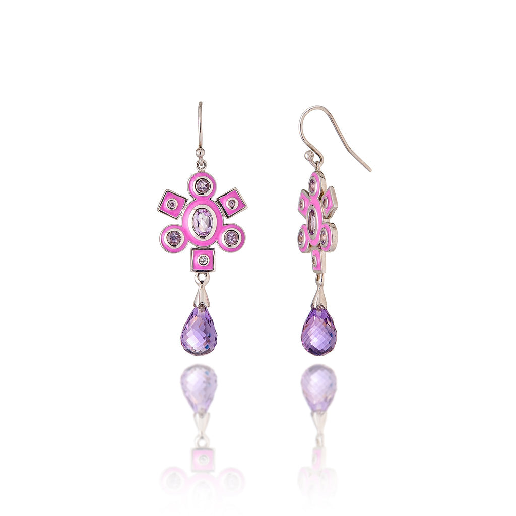 Sterling Silver Statement Earrings With Sweet Purple Enamel, Mixed Rose Sapphires & Amethyst