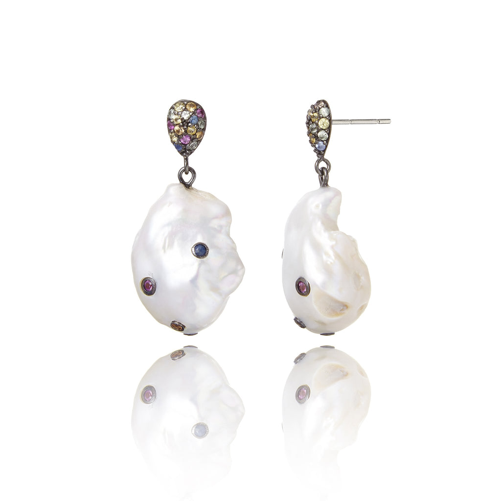 Sterling Silver Statement Earrings with Mixed Sapphires & White Pearl