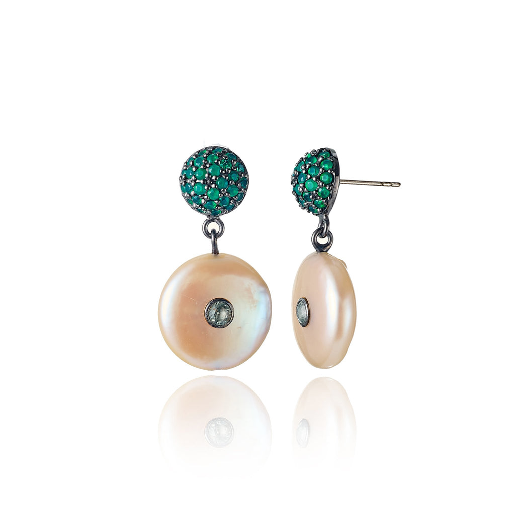 Sterling Silver Statement Earrings with Green Sapphires, Green Agate & Pink Pearls