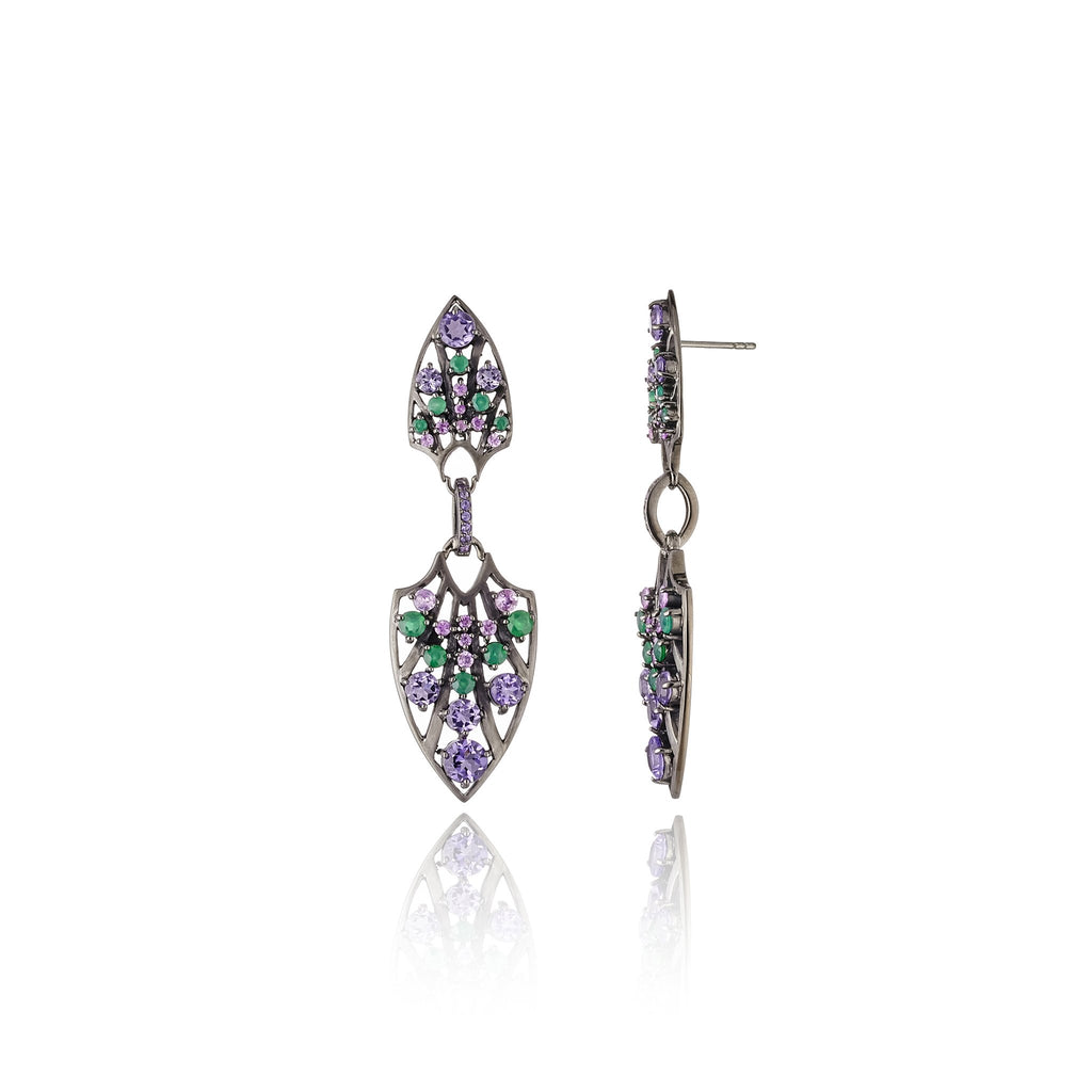 Sterling Silver Statement Earrings With Pink Sapphire, Green Agate & Amethyst