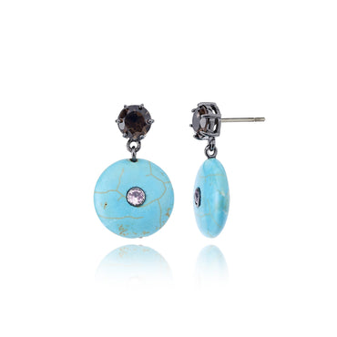 Sterling Silver Statement Earrings With Pink Sapphire, Smoky Quartz & Turquoise Drop