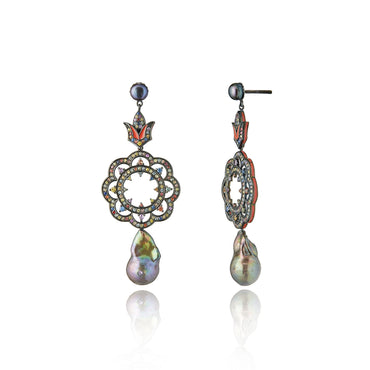 Sterling Silver Statement Earrings with True Red Enamel, Mixed Sapphires & Black Pearls