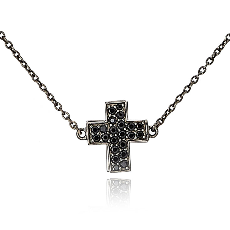 Sterling Silver Cross Pendant Necklace with Black Spinel