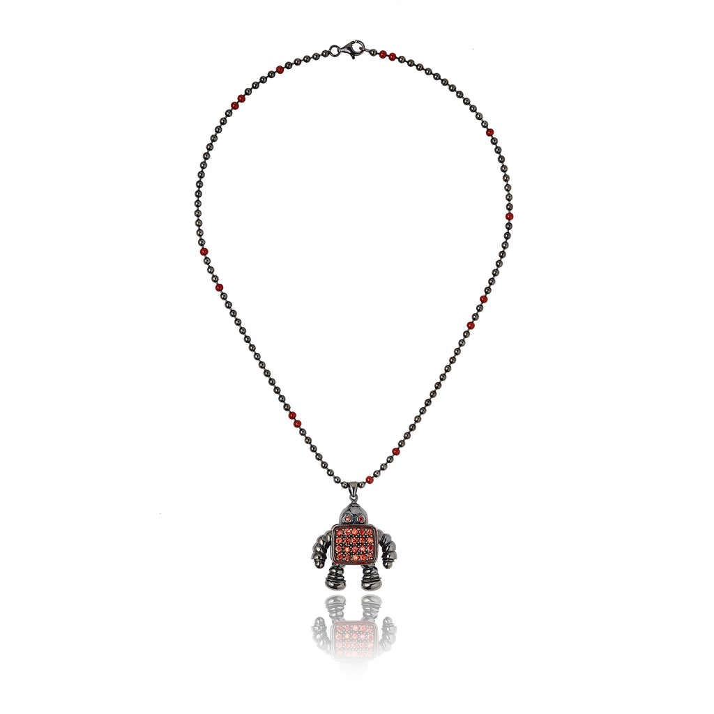 MCL Design Sterling Silver Robot Pendant with True Red Enamel & Red Sapphires