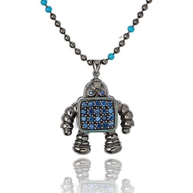 MCL Design Sterling Silver Robot Pendant with Winter Blue