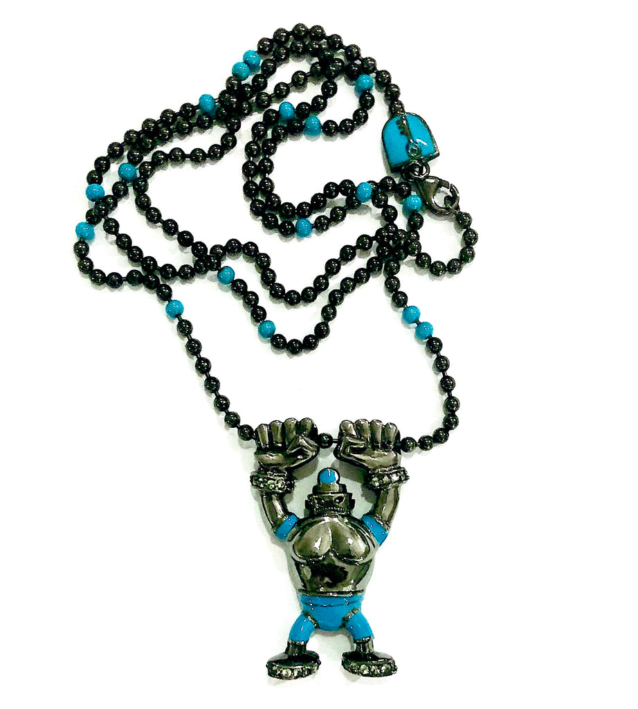 MCL Design Sterling Silver Robot Pendant with Toy Blue Enamel & Green Sapphires