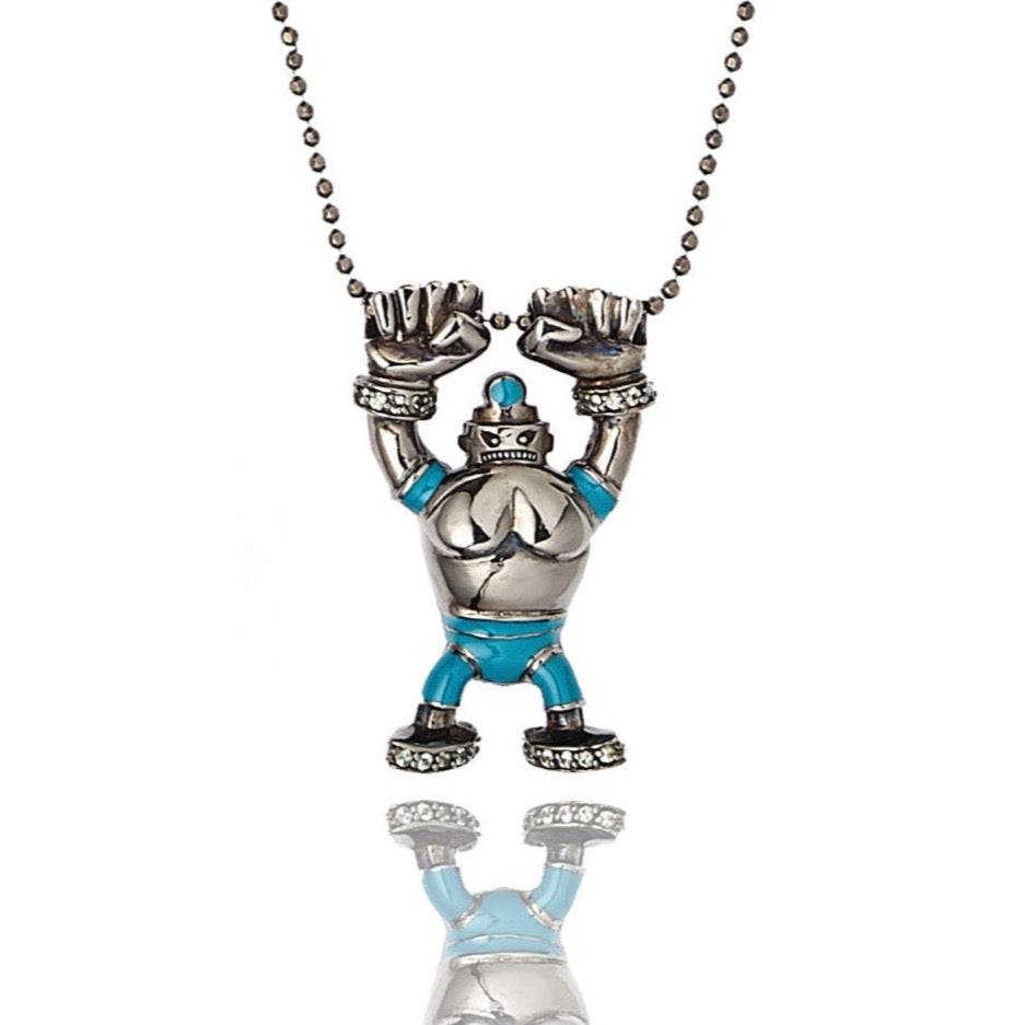 MCL Design Sterling Silver Robot Pendant with Aqua Enamel & Green Sapphires