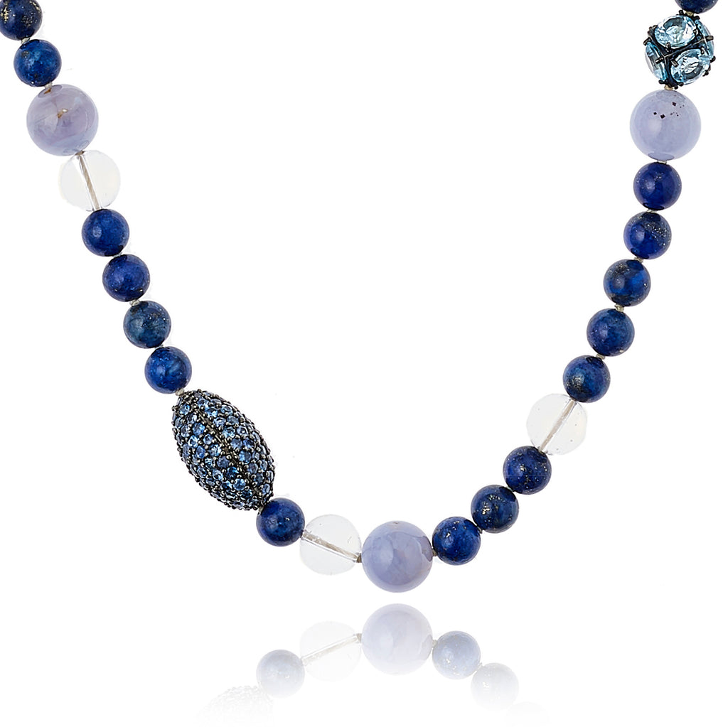 Beaded Statement Necklace with Sterling Silver, Blue Sapphires, Blue Lace Agate & Lapis Beads