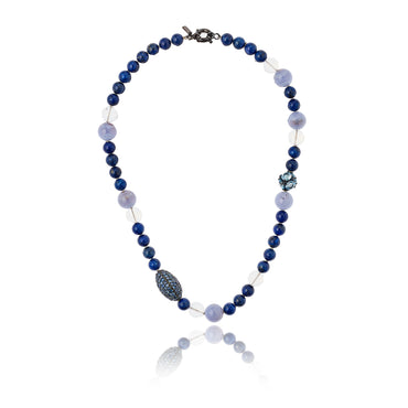 Beaded Statement Necklace with Sterling Silver, Blue Sapphires, Blue Lace Agate & Lapis Beads