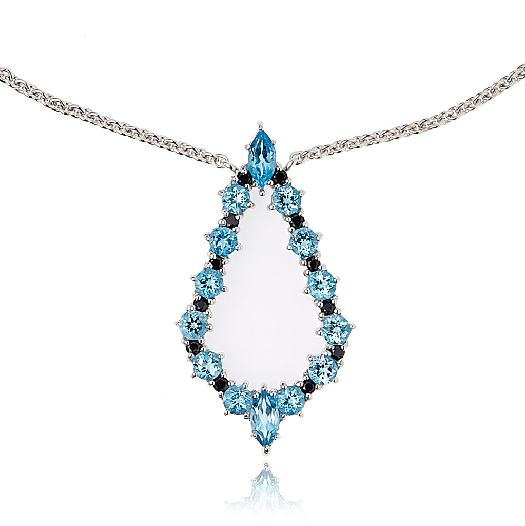 Sterling Silver Drop Necklace with Black Spinel & Blue Topaz