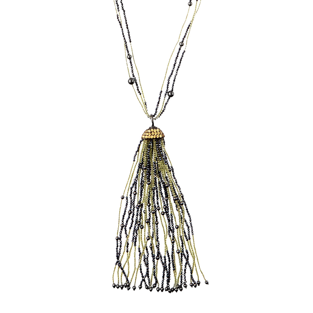 Sterling Silver Tassel Necklace With Yellow Sapphire, Brown Spinel, Hematite & Peridot