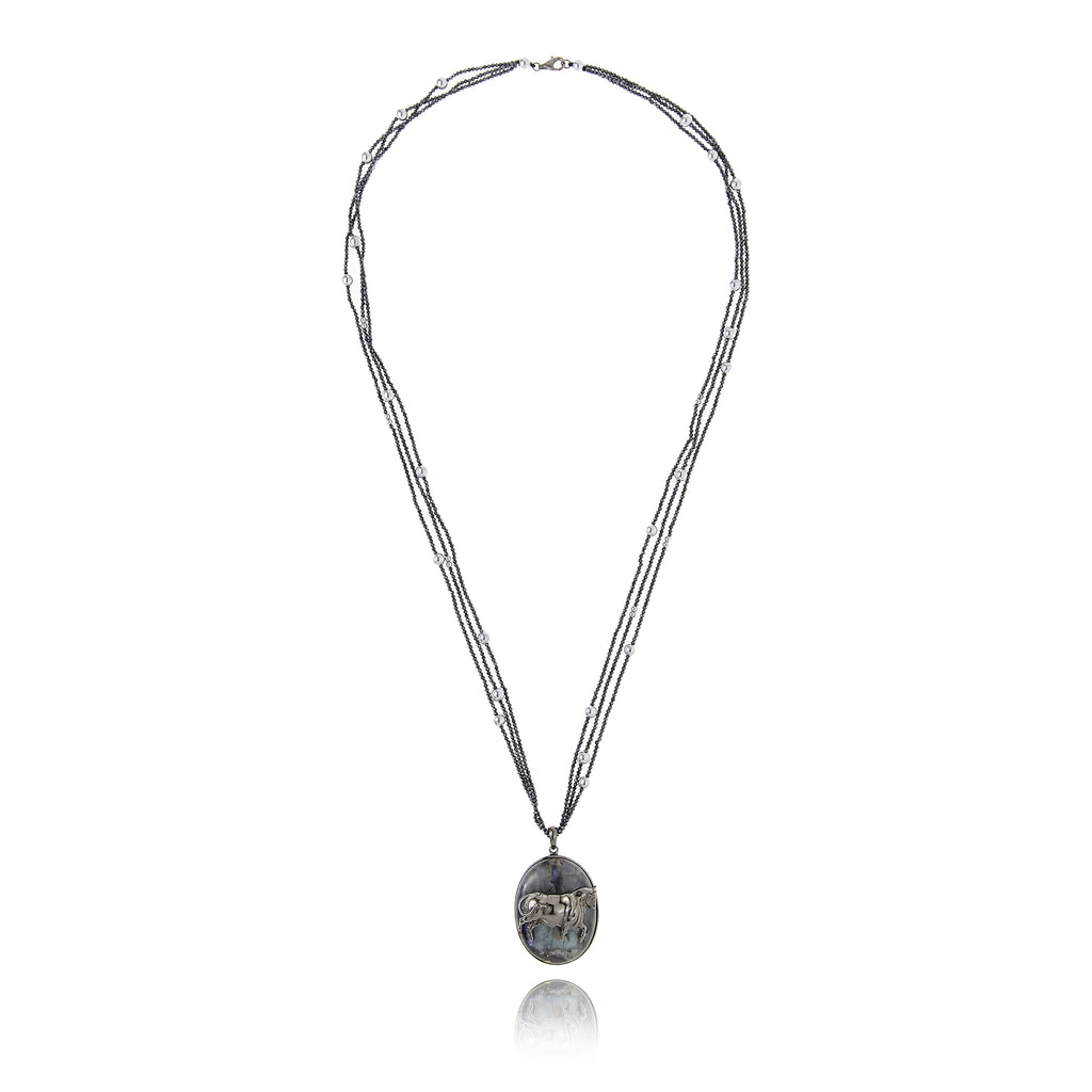 Taurus Pendant Necklace in Silver with Dark Green Glitter Enamel, Mixed Sapphires, Labradorite, Black Spinel and Hematite