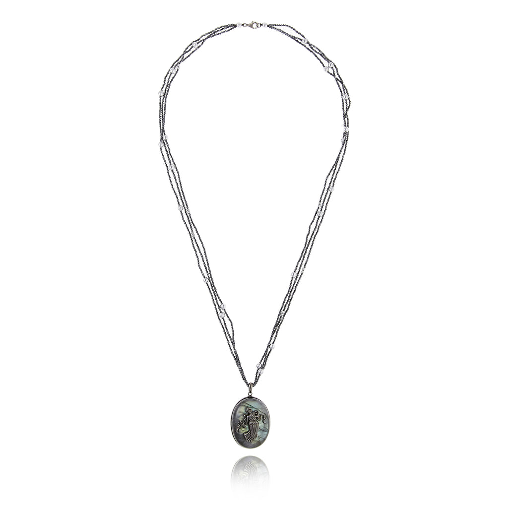 Virgo Pendant Necklace in Silver with Dark Green Glitter Enamel, Mixed Sapphires, Labradorite, Black Spinel and Hematite