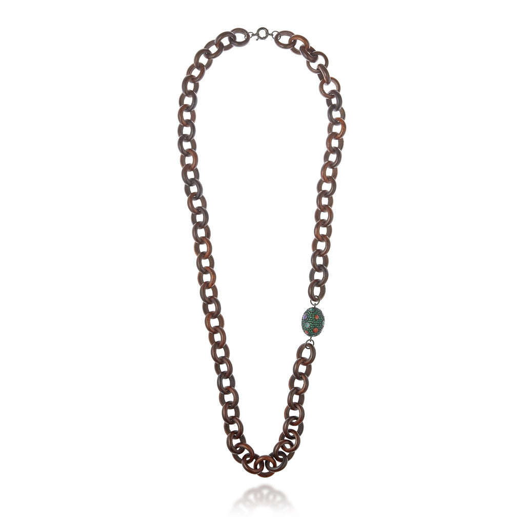 Wooden Chain Necklace with a Sterling Silver Bead in Forest Green Glitter, Dark Purple Glitter and Metallic Olive Enamels & Green Agate