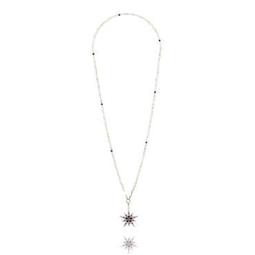 MCL Design White Rhodium Plated Sterling Lariat Necklaces With Set Blue Topaz And Garnet And White Topaz And Amrthyst And White Topaz Bead And Hematite Bead