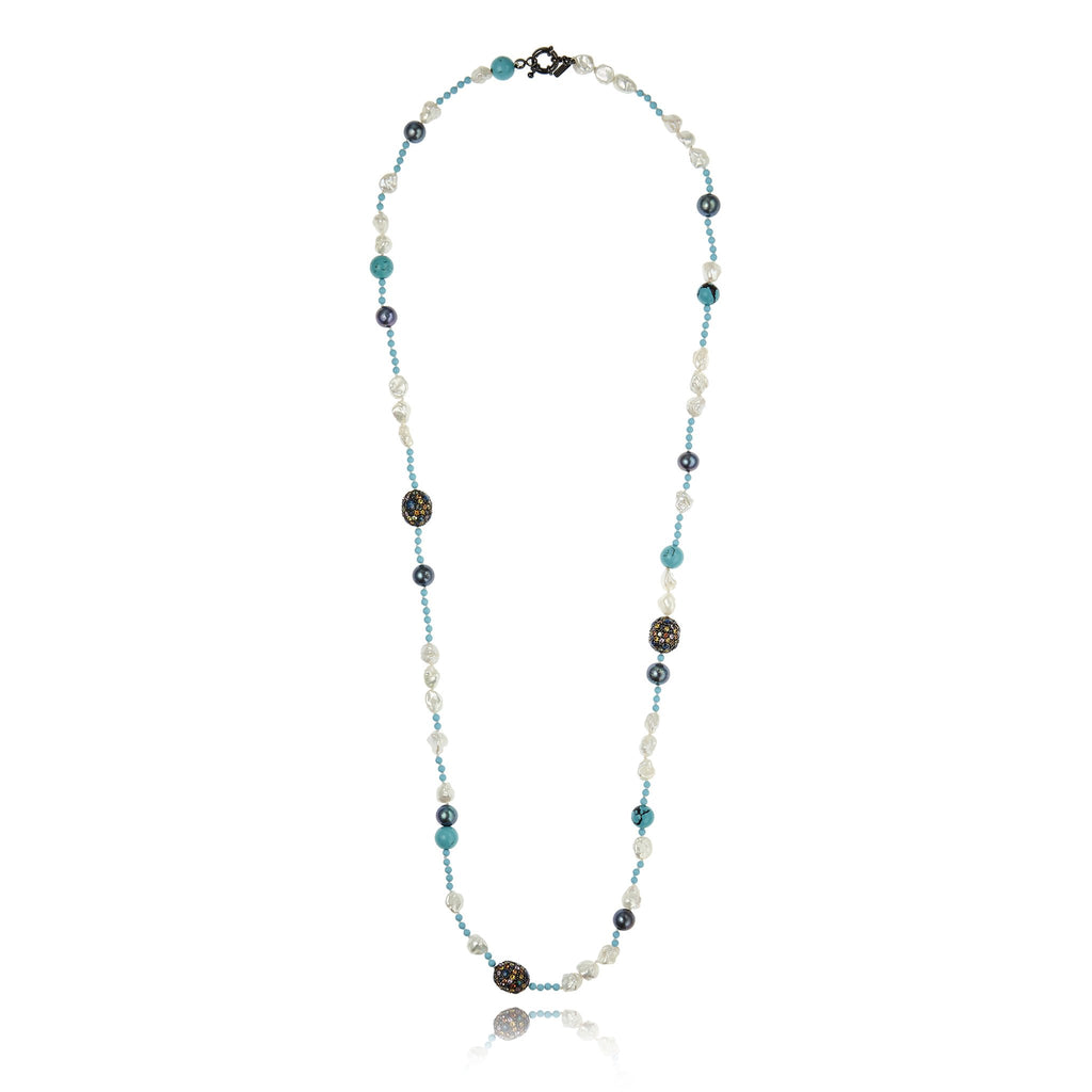 MCL Design Turquoise Beaded Statement Necklace with Sterling Silver, Dark Blue Glitter Enamel, Mixed Sapphires, Black Pearls & White Pearls