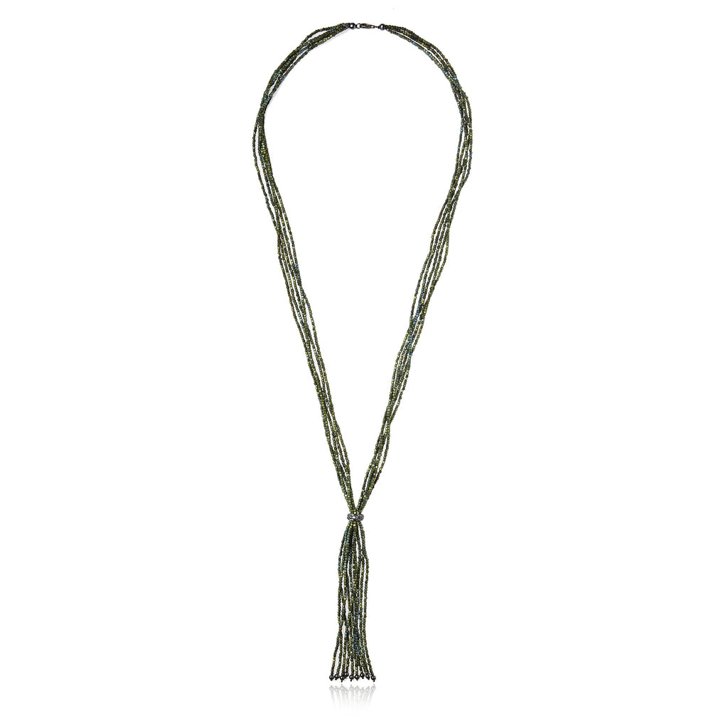 Sterling Silver Tassel Necklace With Mixed Ice Sapphires, Green Hematite Beads & Hematite Beads