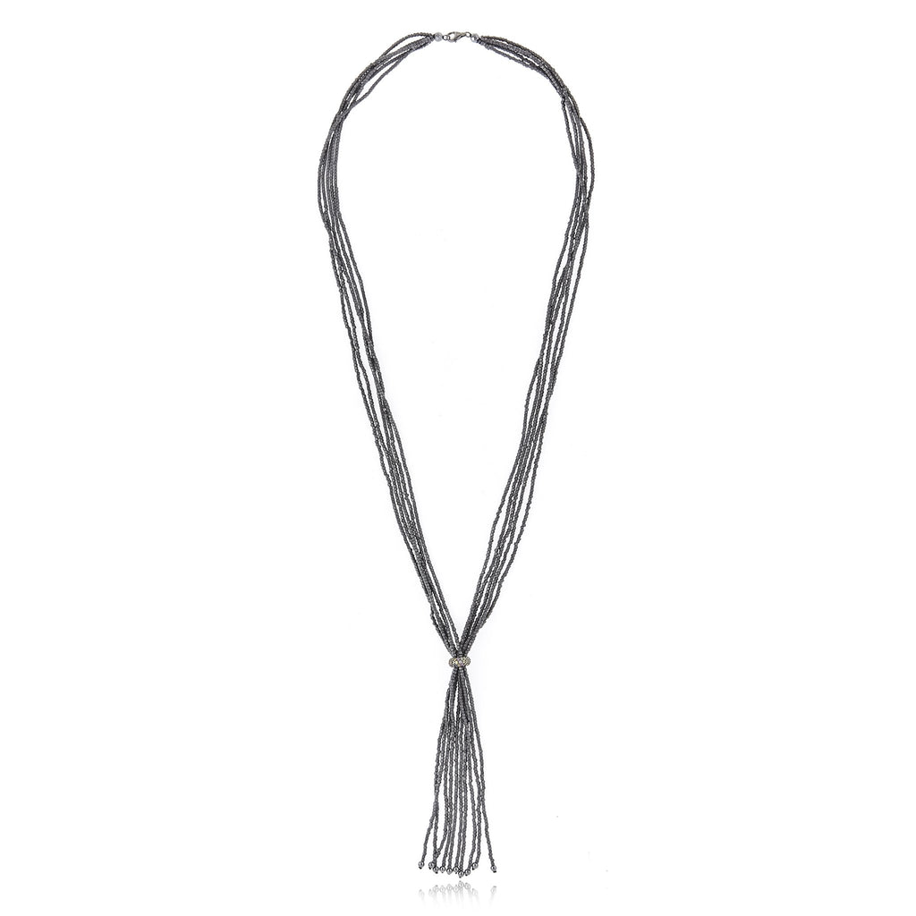 Sterling Silver Tassel Necklace With Mixed Sapphires, Anodized Hematite Beads & Hematite Beads