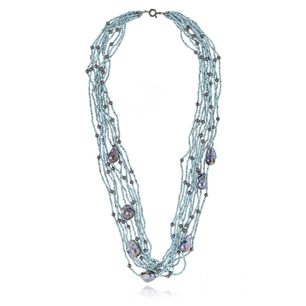 Sterling Silver Statement Necklace With Baby Blue Enamel, Turquoise Beads, Hematite Beads & Black Pearl