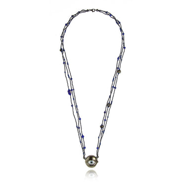 MCL Design Silver Hematite, Blue Hematite, Lapis and Hematite Beaded Statement Necklace with Black Rhodium Plated Sterling Silver, Baby Blue and White Enamels & Black Spinel