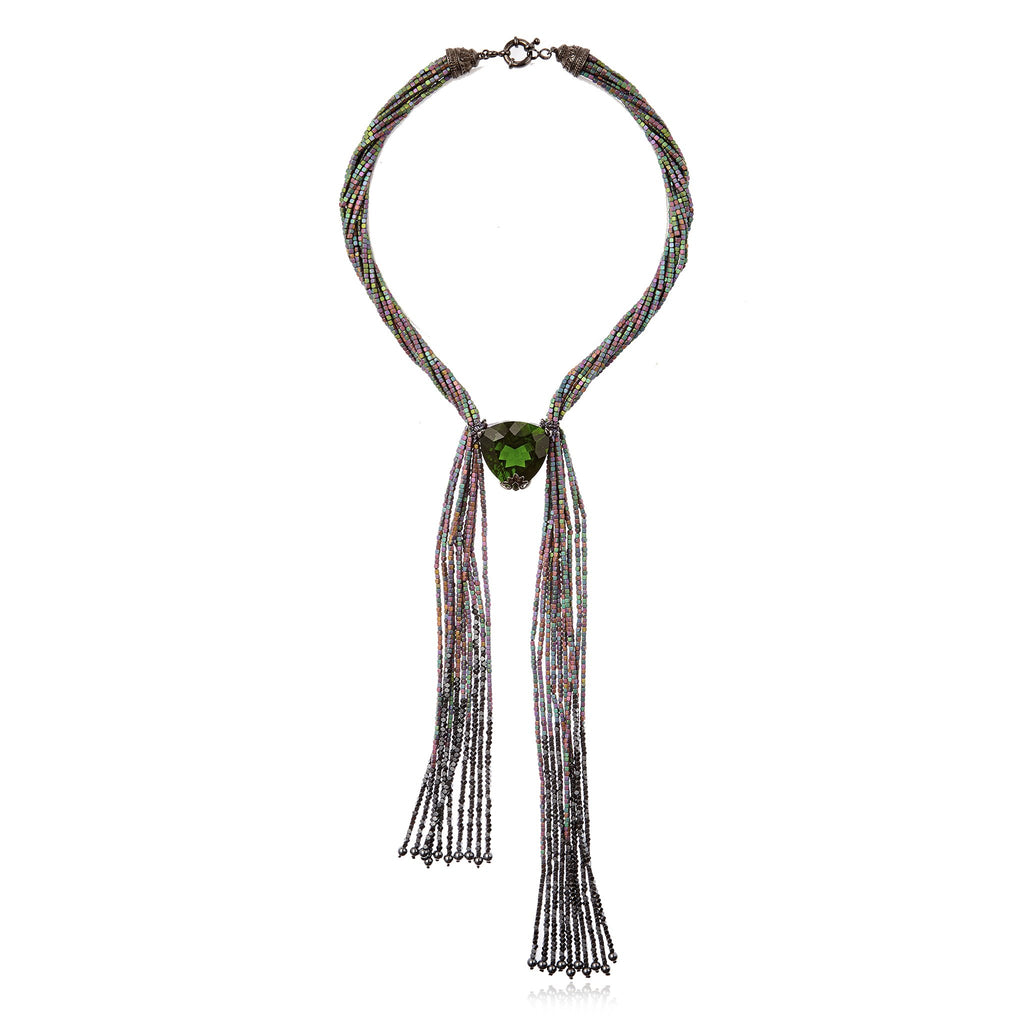 Sterling Silver Tassel Necklace With Light Purple Glitter Enamel, Hematite, Rainbow Hematite Beads & Hematite Beads