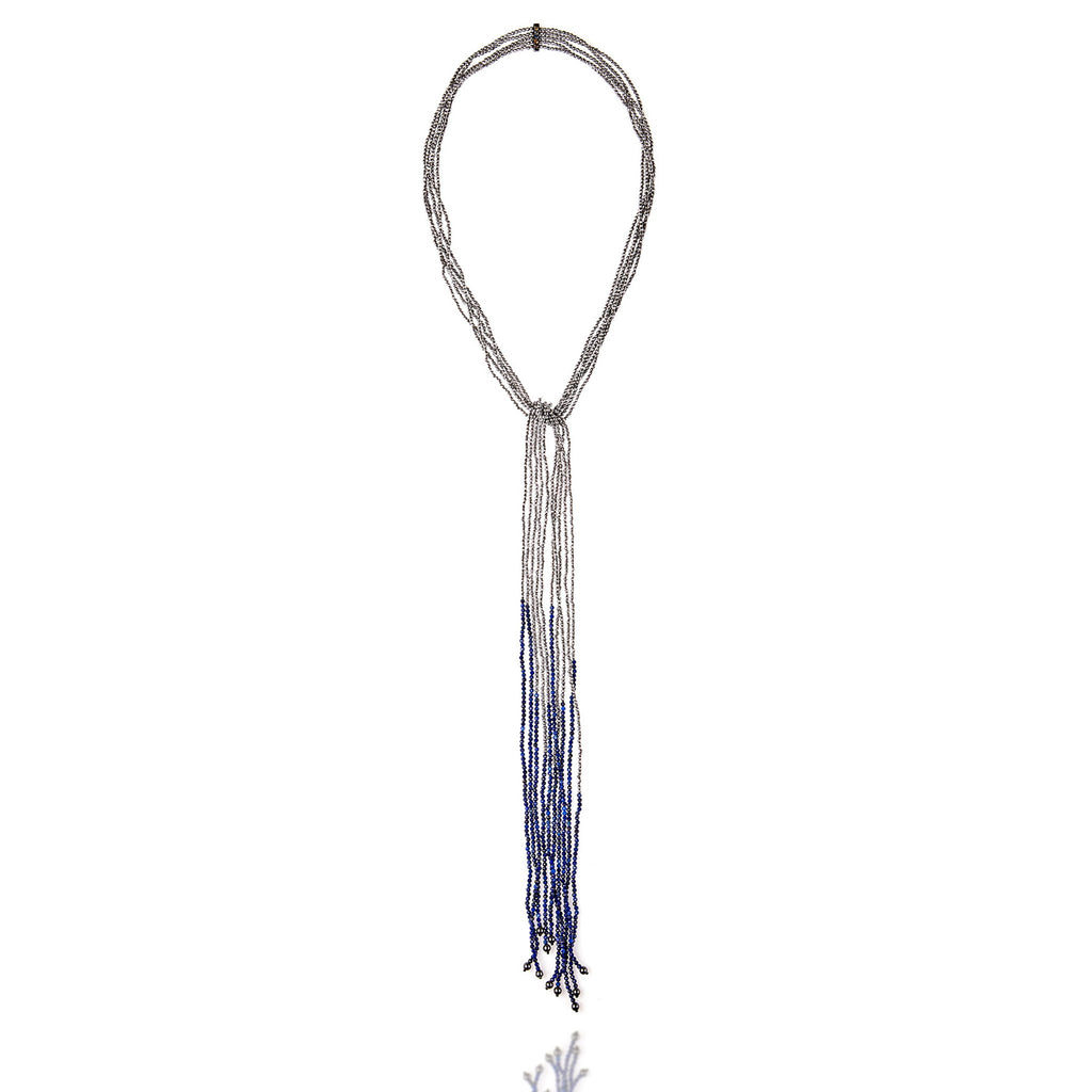 Sterling Silver Tassel Necklace With Mixed Sapphires, Lapis & Hematite