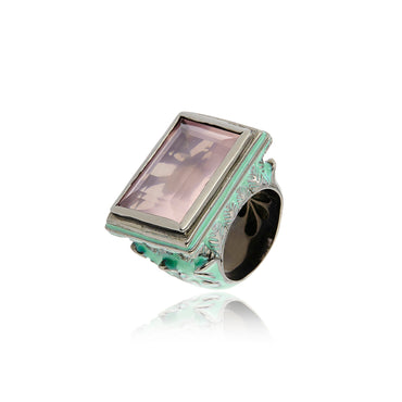 MCL Design Silver Statement Ring with Mint Enamel & Rose Quartz