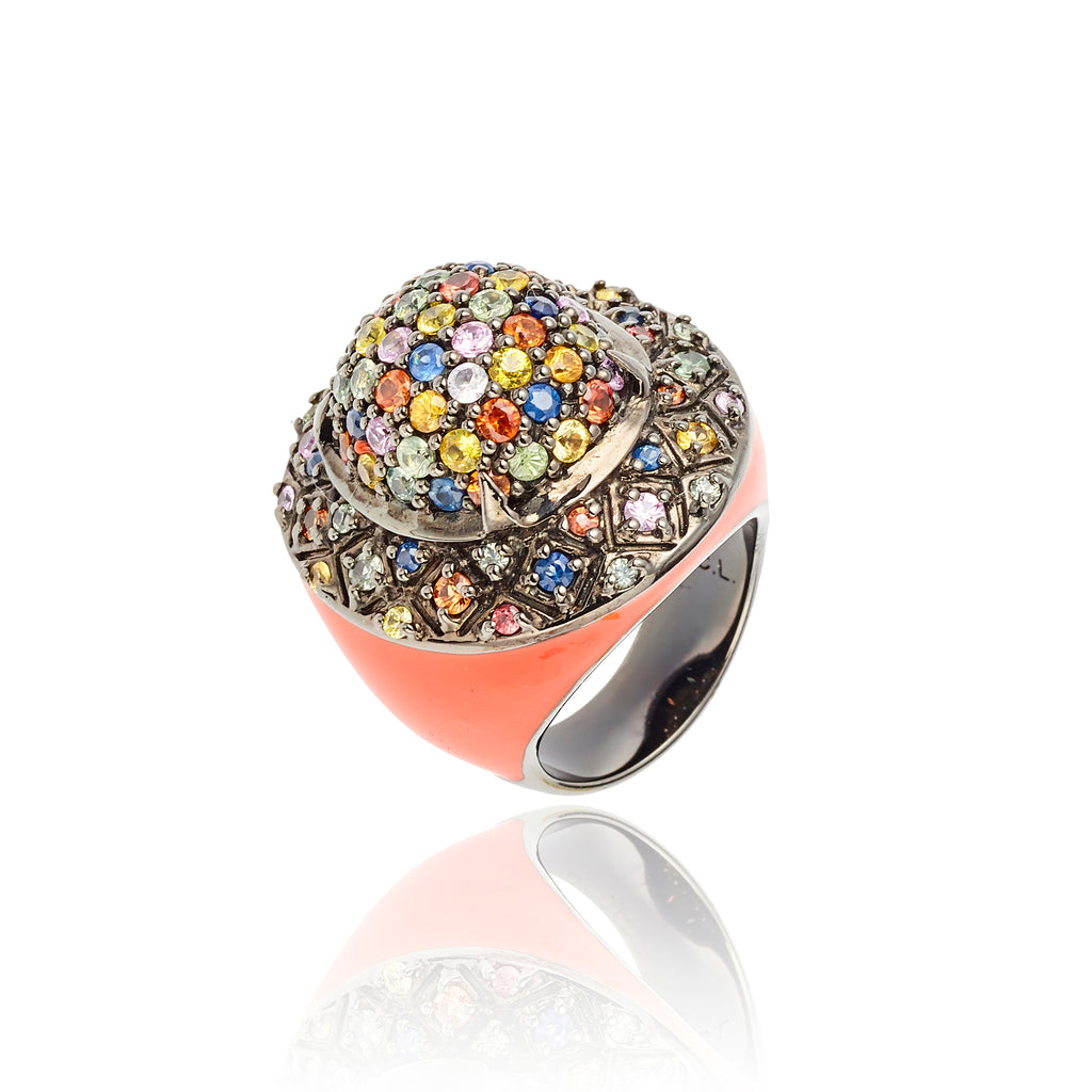 MCL Design Sterling Silver Statement Ring with Orange Enamel & Mixed Sapphires