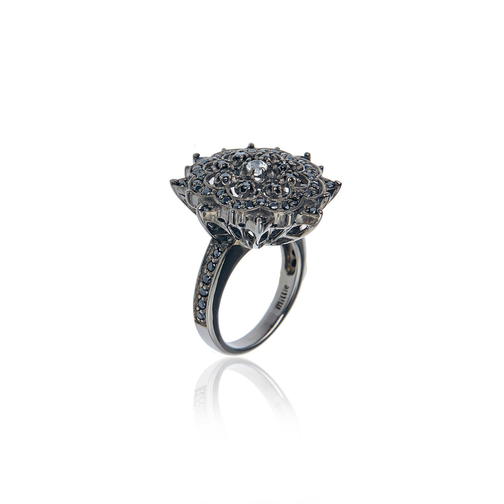 MCL Design Sterling Silver Statement Ring with Black Spinel & White Topaz
