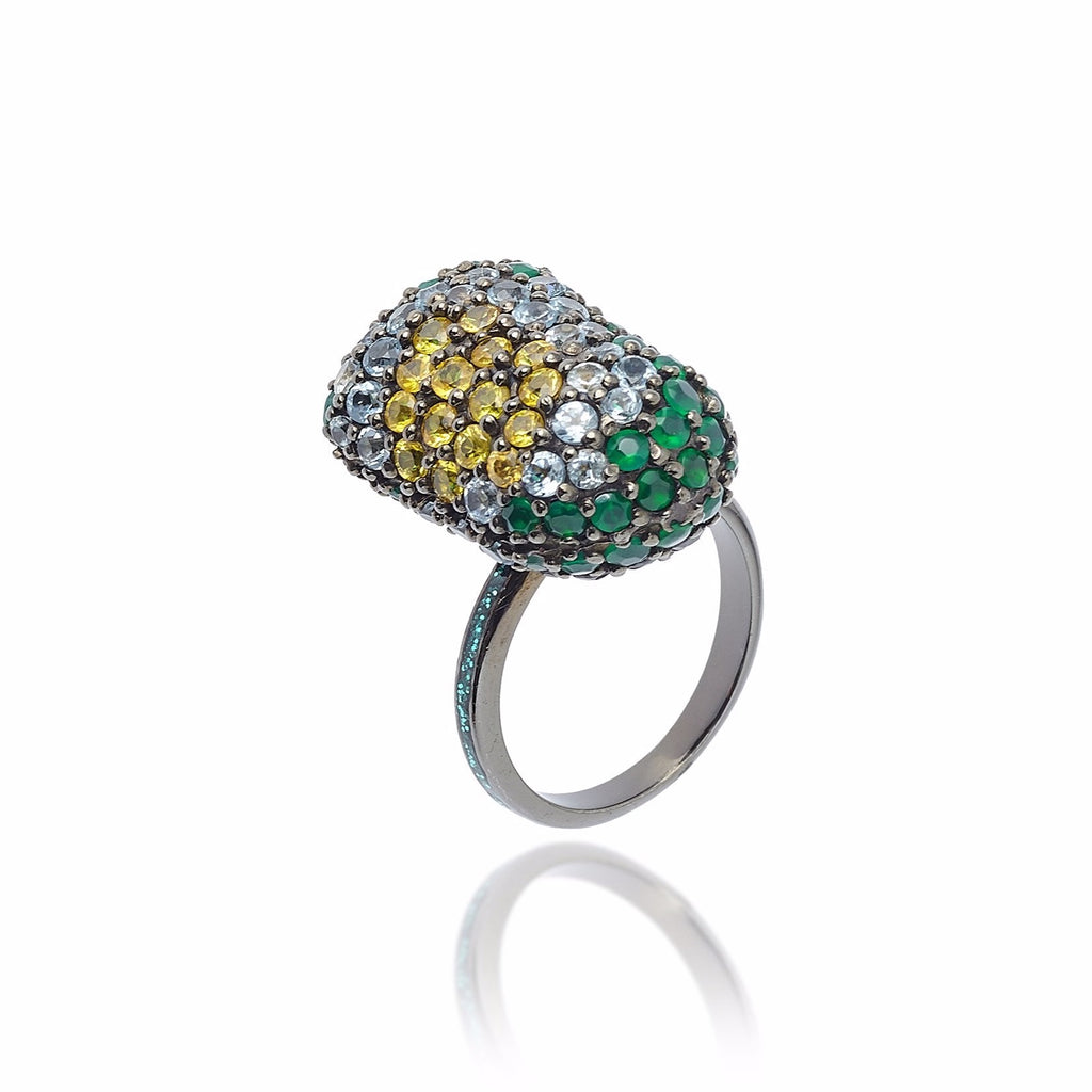 MCL Design Sterling Silver Bean Ring with Deep Green Glitter Enamel, Black Spinel, Green Agate, Blue Topaz & Yellow Sapphires