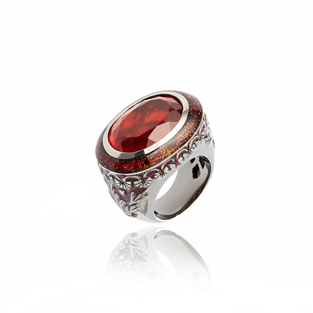 MCL Design Sterling Silver Statement Ring with Xmas Red Glitter Enamel & Red Quartz
