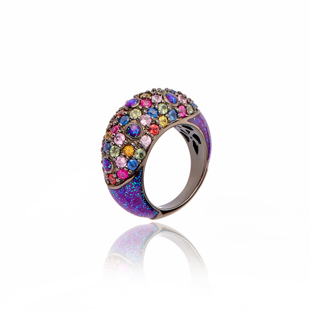MCL Design Sterling Silver Stack Ring with Light Purple Glitter Enamel & Mixed Sapphires