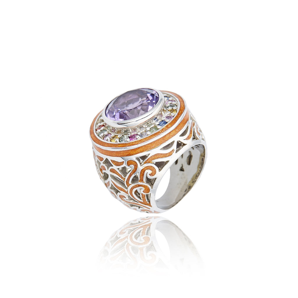 Sterling Silver Statement Ring With Dark Orange Glitter Enamel, Mixed Sapphires & Amethyst