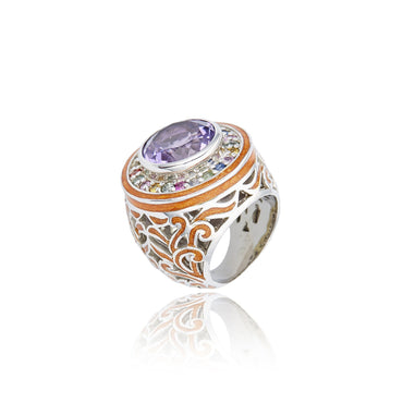 Sterling Silver Statement Ring With Dark Orange Glitter Enamel, Mixed Sapphires & Amethyst