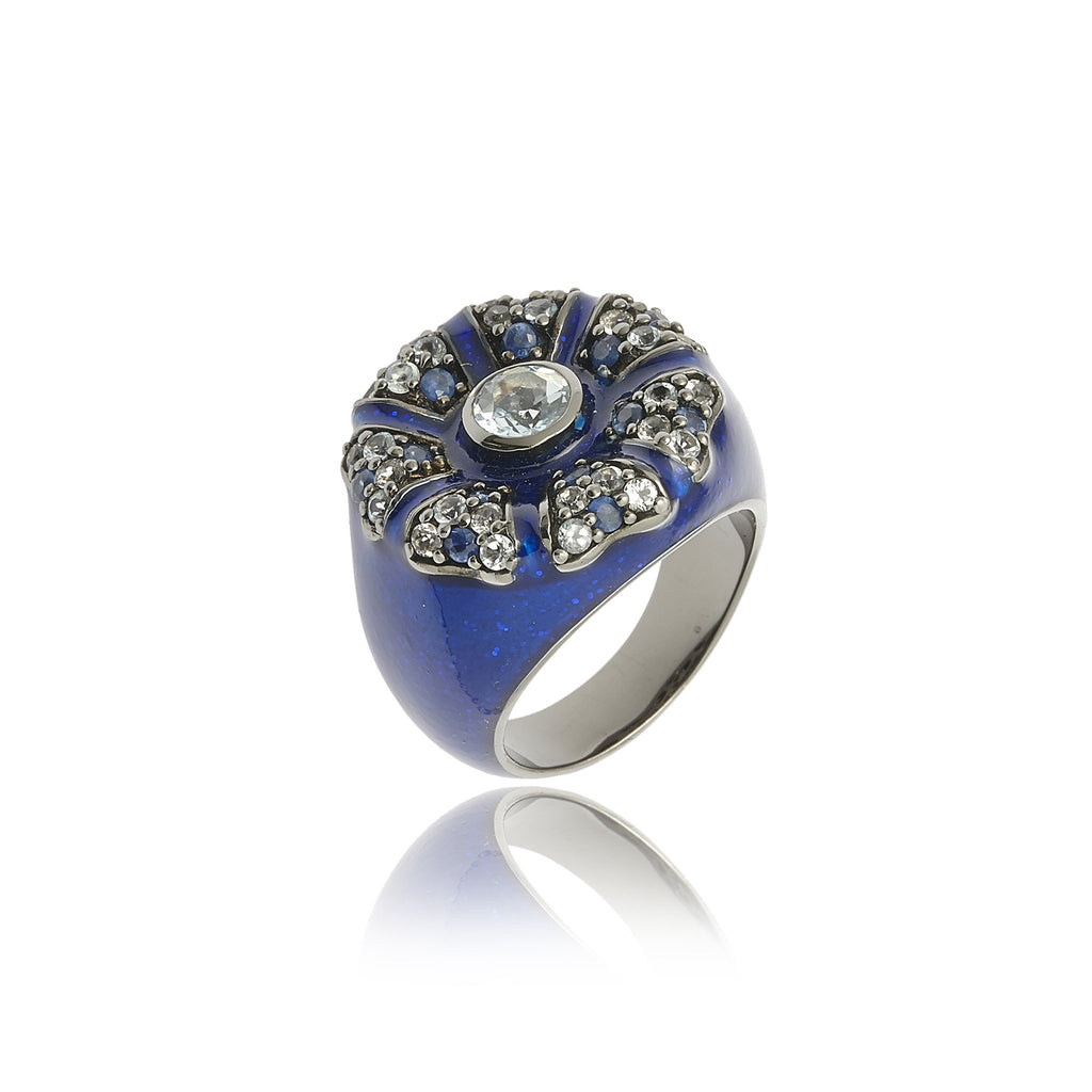 MCL Design Sterling Silver Statement Ring with Royal Blue Gum Glitter Enamel, Mixed Ice Sapphires & Blue Topaz