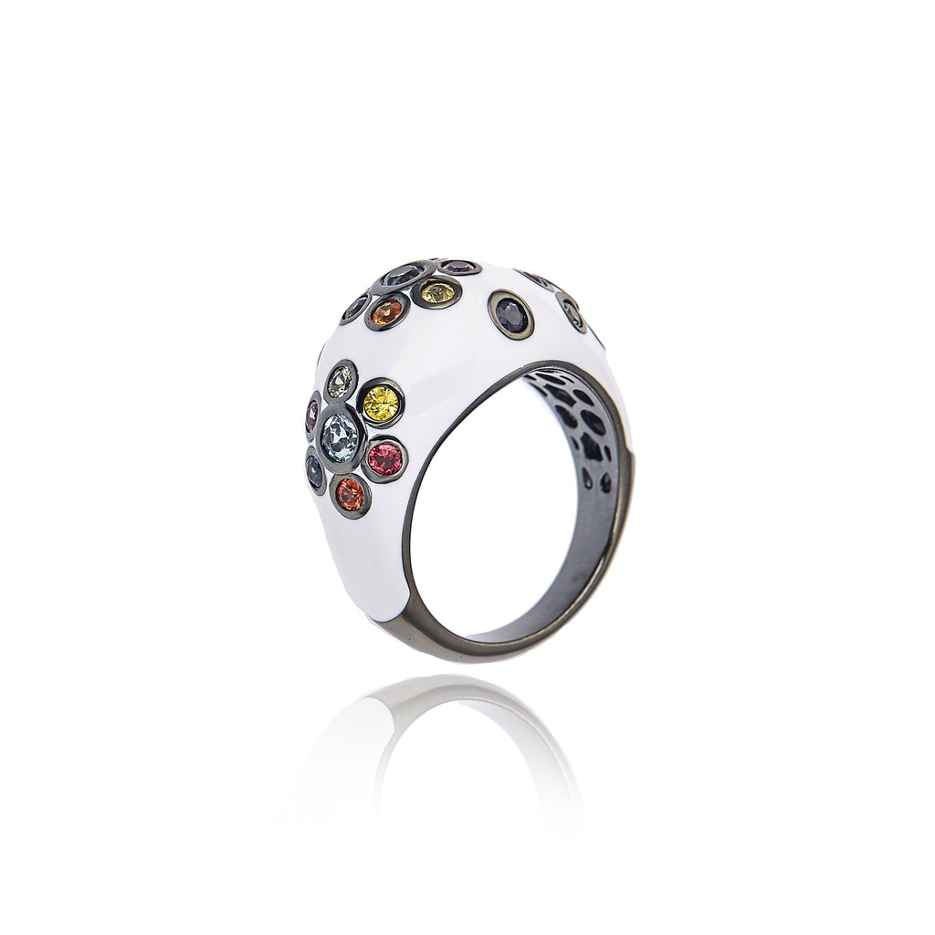 MCL Design Sterling Silver Statement Ring with White Enamel, Mixed Sapphires & Blue Topaz