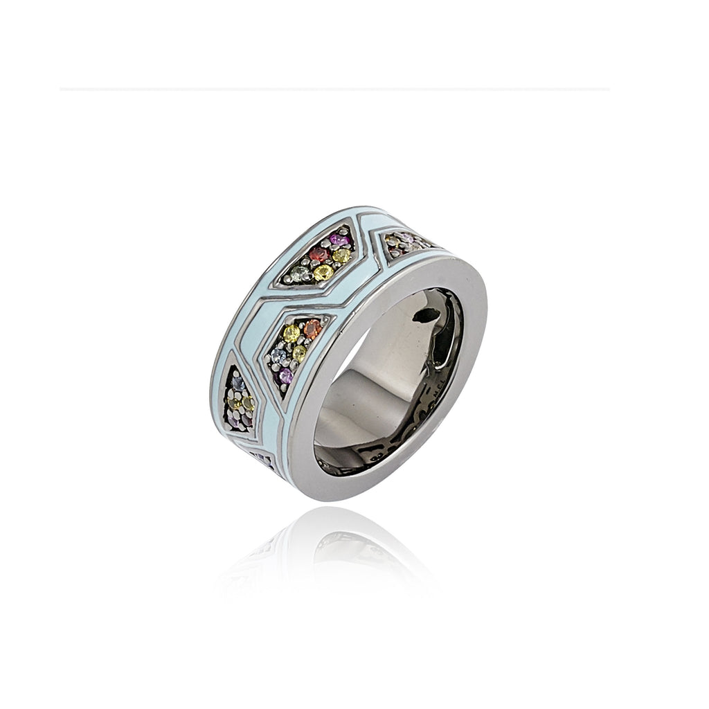 MCL Design Sterling Silver Stack Ring with Baby Blue Enamel & Mixed Sapphires
