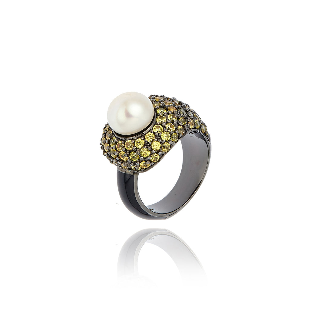 MCL Design Sterling Silver Stack Ring With Black Enamel, Yellow Sapphires & White Pearl