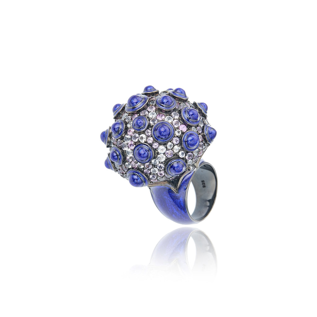 Sterling Silver Statement Ring with Blue Oil Enamel & Mixed Rose Sapphires