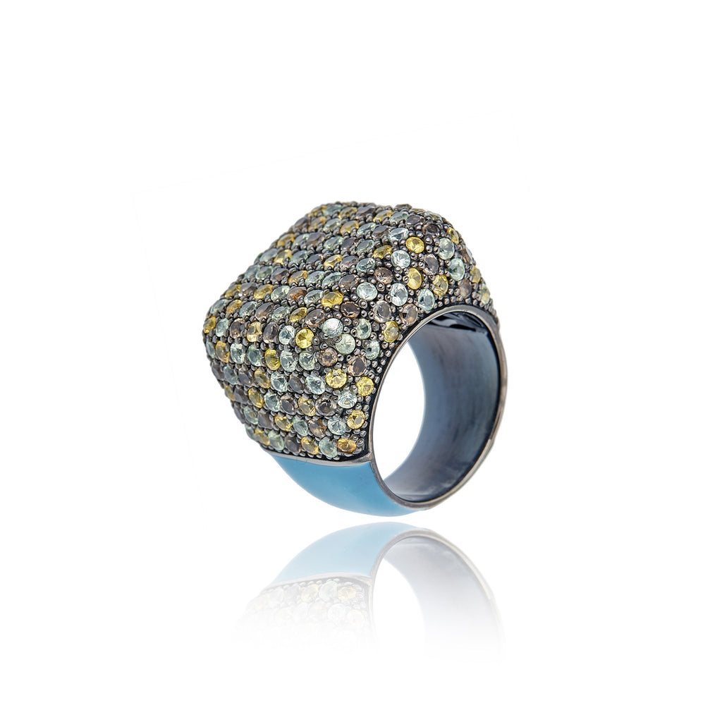 Sterling Silver Statement Ring with Aqua Enamel & Mixed Army Sapphires