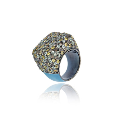 Sterling Silver Statement Ring with Aqua Enamel & Mixed Army Sapphires