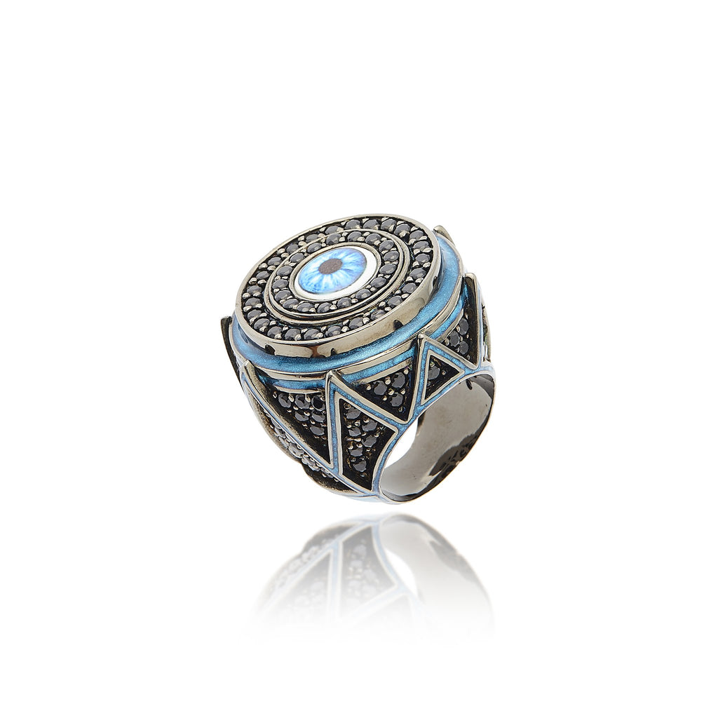 Sterling Silver Statement Ring with Metallic Blue and White Enamels & Black Spinel