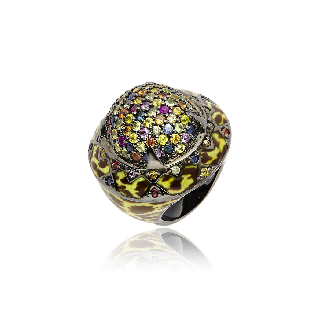 Sterling Silver Statement Ring With Leopard Enamel & Mixed Sapphires