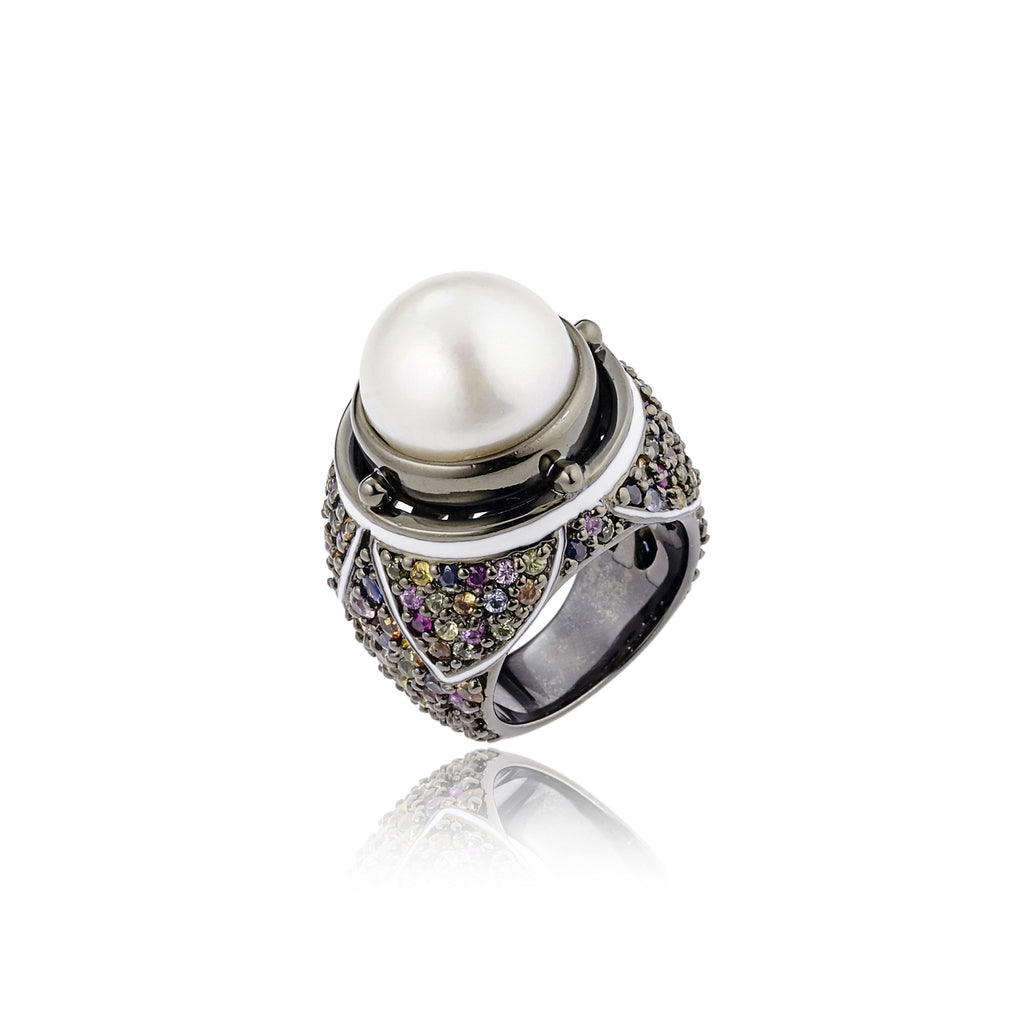 Sterling Silver Statement Ring With White Enamel, Mixed Sapphires & White Pearl