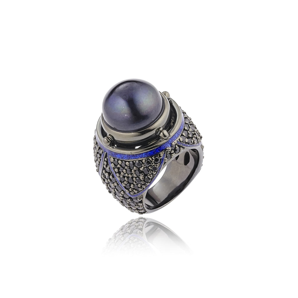 Sterling Silver Statement Ring With Dark Purple Oil Enamel, Black Spinel & Black Pearl