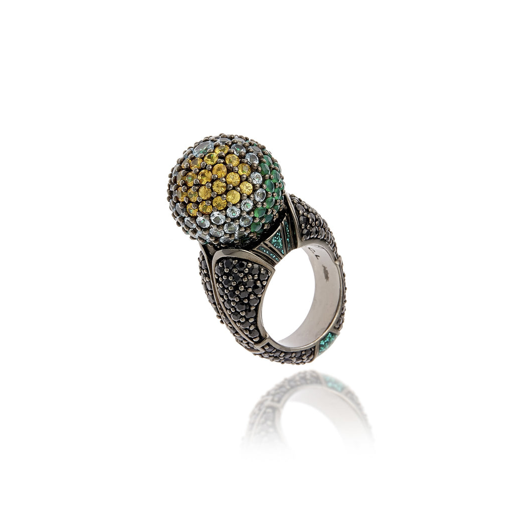 Sterling Silver Statement Ring With Forest Green Glitter Enamel, Black Spinel, Yellow Sapphires, Blue Topaz & Green Agate