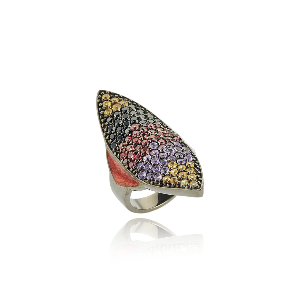 Sterling Silver Statement Ring with Metallic Orange Enamel, Yellow Sapphires, Black Spinel, Amethyst & Red Sapphires