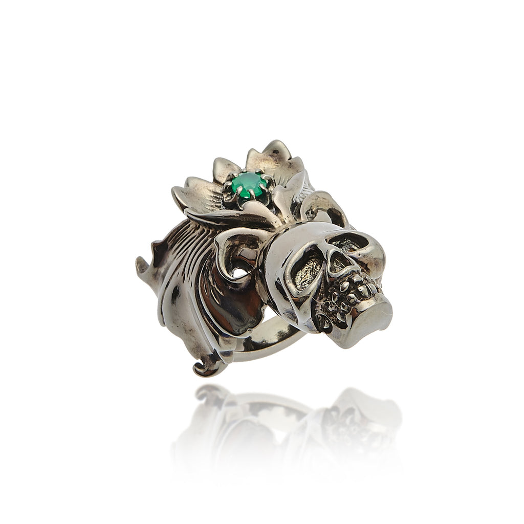 MCL Design Sterling Silver Skull Statement Ring With Green Agate