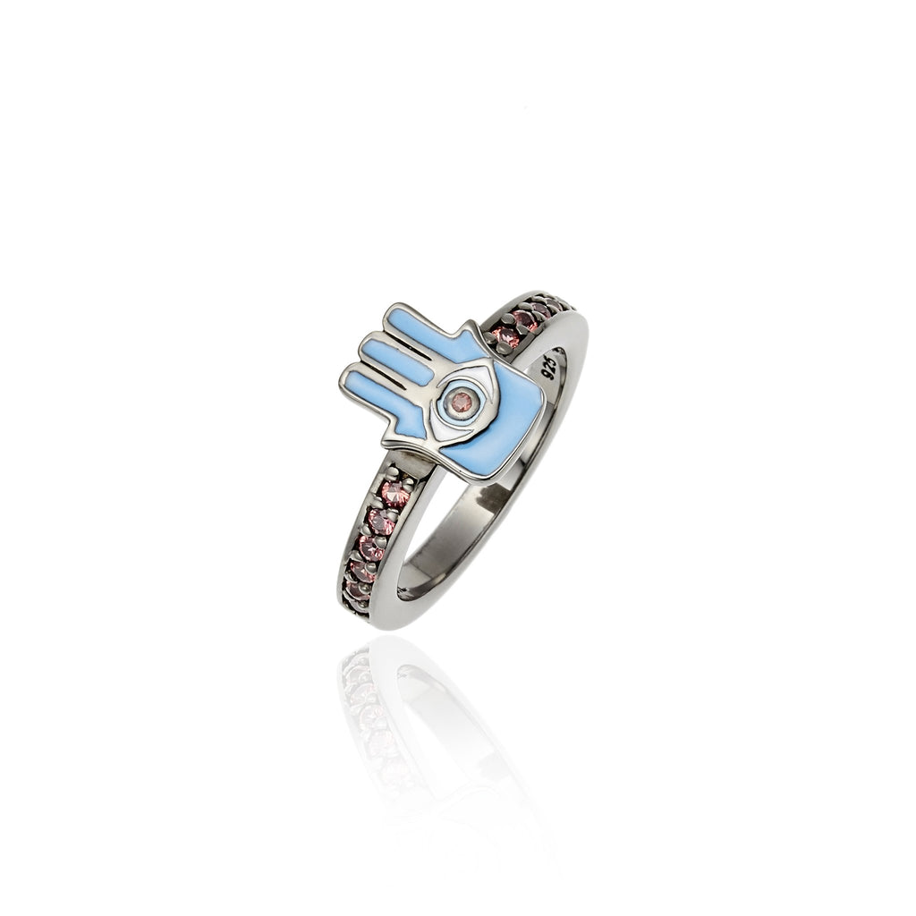 Sterling Silver Stack Ring With Baby Blue, White and Midday Blue Enamel & Red Sapphire